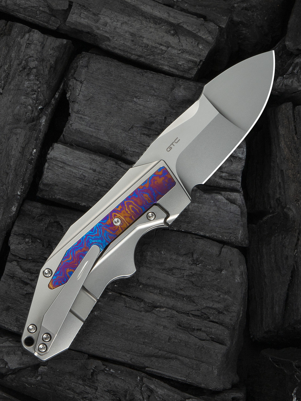 WEKNIFE Coral SLT Flipper - Polished Bead Blasted Titanium Handle with Flamed Timascus Inlay (2.95" Polished Bead Blasted CPM 20CV Blade) Frame Lock, WE24044-4