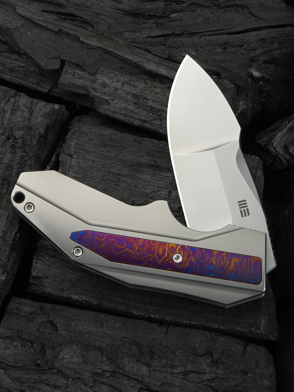 WEKNIFE Coral SLT Flipper - Polished Bead Blasted Titanium Handle with Flamed Timascus Inlay (2.95" Polished Bead Blasted CPM 20CV Blade) Frame Lock, WE24044-4