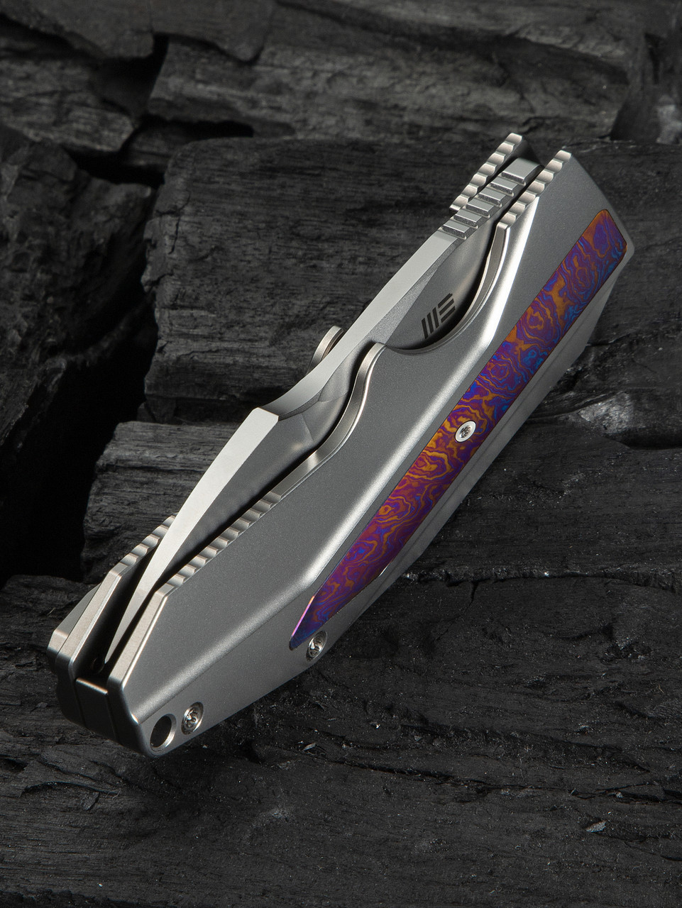 WEKNIFE Coral SLT Flipper - Polished Bead Blasted Titanium Handle with Flamed Timascus Inlay (2.95" Polished Bead Blasted CPM 20CV Blade) Frame Lock, WE24044-4