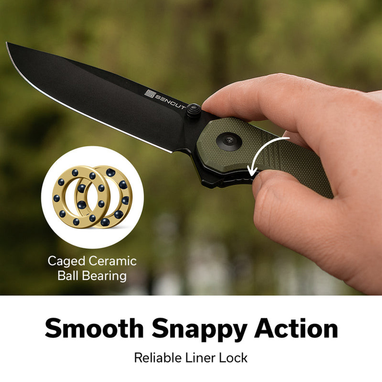 SENCUT Aetheris Flipper & Thumb Stud Knife Olive Drab Green G10 Handle (3.68" 9Cr18MoV Clip Point Black Finished Blade) Reversible Clip, Liner Lock, S24095-2