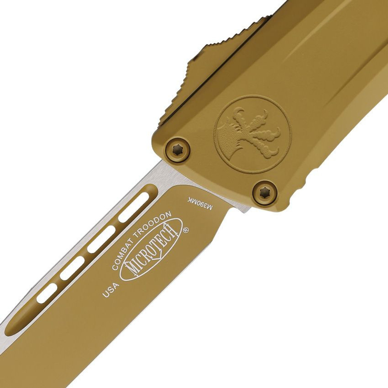 Microtech Combat Troodon SE Gen III (MCT11431CRA) 4.0" Bohler M390MK 2 Tone Drop Point Plain Edge Blade, Desert Tan Cerakote Aluminum Handle