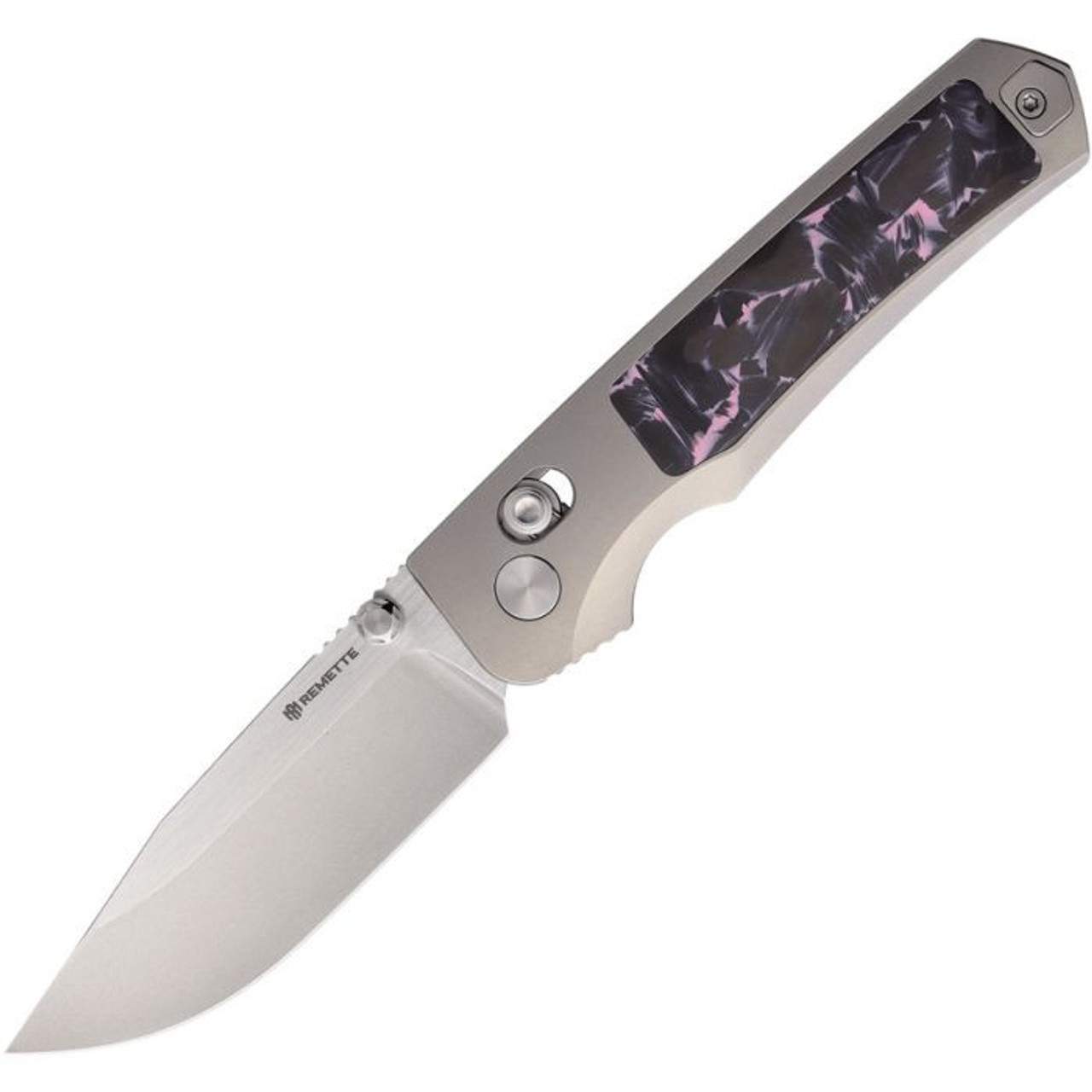 REMETTE RT -Aurora Crossbar Lock Knife (RMTAURAP) 3.35" M390 Satin Drop Point Plain Blade, Black/Gray/Purple Titanium/CF Handle