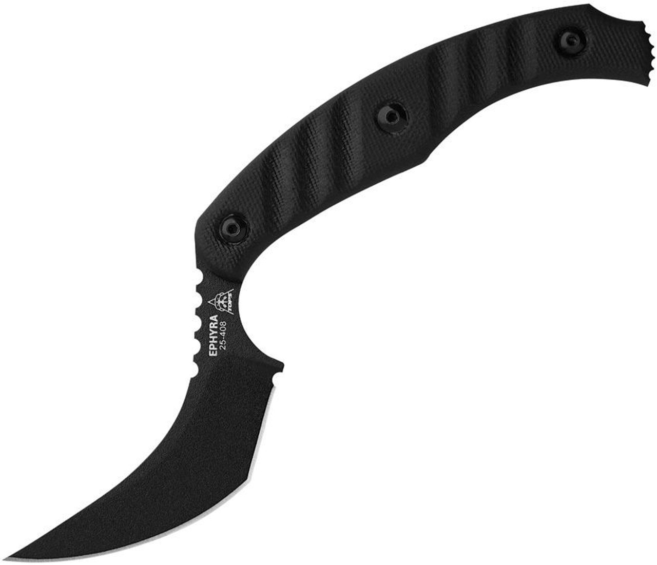 TOPS Ephyra (TPEPH01) 2.88" 1095 Carbon Steel Black Coated Trailing Point Plain Blade, Black Sculpted G-10 Handle, Black Kydex Sheath