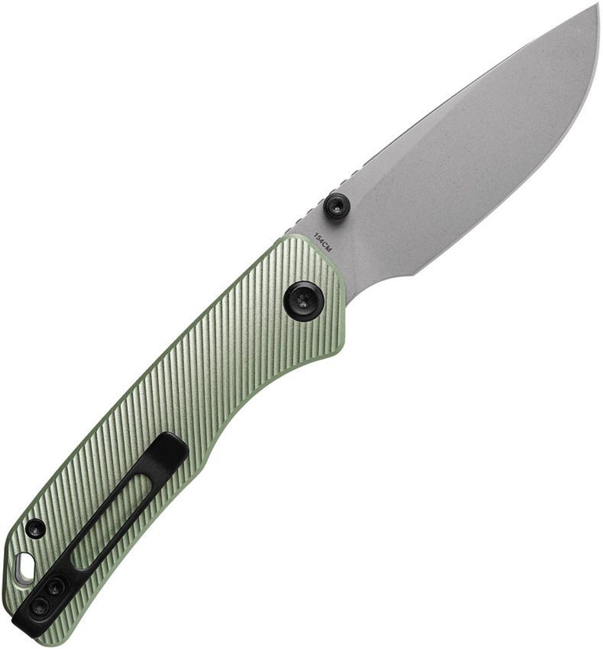 Vosteed Marten- Thumb Stud Knife 2.98" 154CM Stonewashed Drop Point Blade, Green Aluminum Handles, Hard Case, Button/Top Liner Lock, Reversible Black Stainless Steel Pocket Clip - A1602