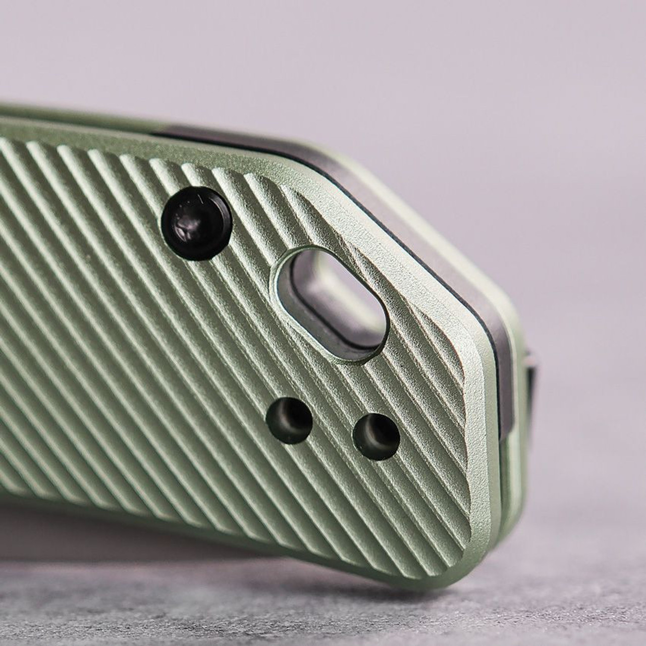 Vosteed Marten- Thumb Stud Knife 2.98" 154CM Stonewashed Drop Point Blade, Green Aluminum Handles, Hard Case, Button/Top Liner Lock, Reversible Black Stainless Steel Pocket Clip - A1602