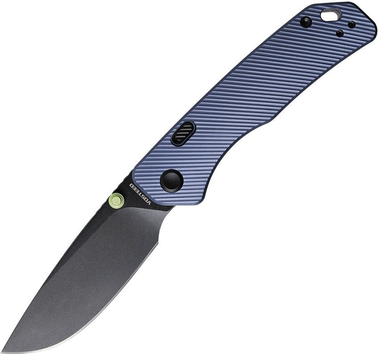 Vosteed Marten- Purple Aluminum Handles, Green Thumb Stud, Button/Top Liner Lock Knife, 2.98" 154CM Black Stonewashed Drop Point Blade, Hard Case, Reversible Black Stainless Steel Pocket Clip - A1603