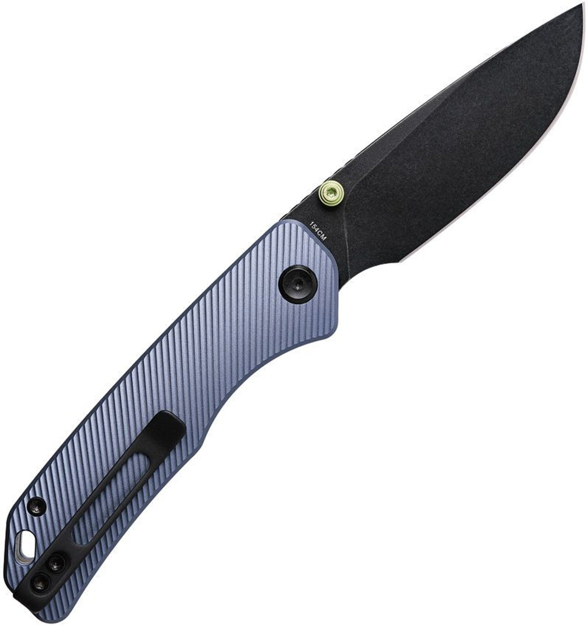Vosteed Marten- Purple Aluminum Handles, Green Thumb Stud, Button/Top Liner Lock Knife, 2.98" 154CM Black Stonewashed Drop Point Blade, Hard Case, Reversible Black Stainless Steel Pocket Clip - A1603