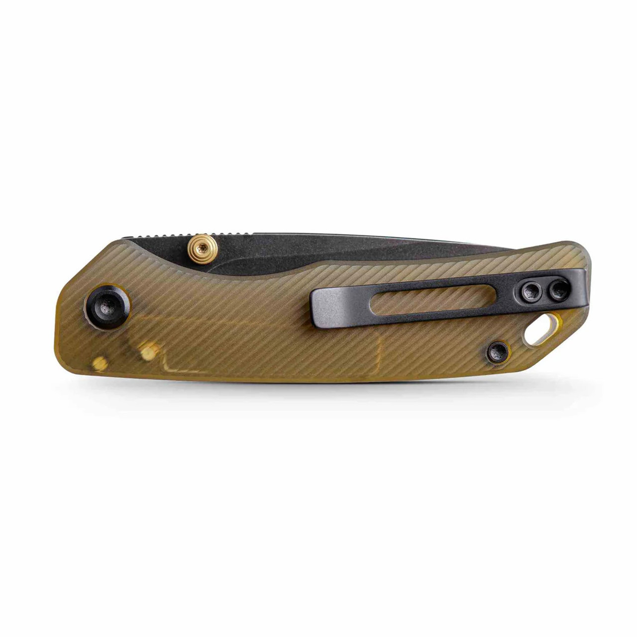 Vosteed Marten- Amber PEI Handles, Yellow Thumb Stud, Button/Top Liner Lock Knife, 2.98" 154CM Black Stonewashed Drop Point Blade, Reversible Black Stainless Steel Pocket Clip - A1607