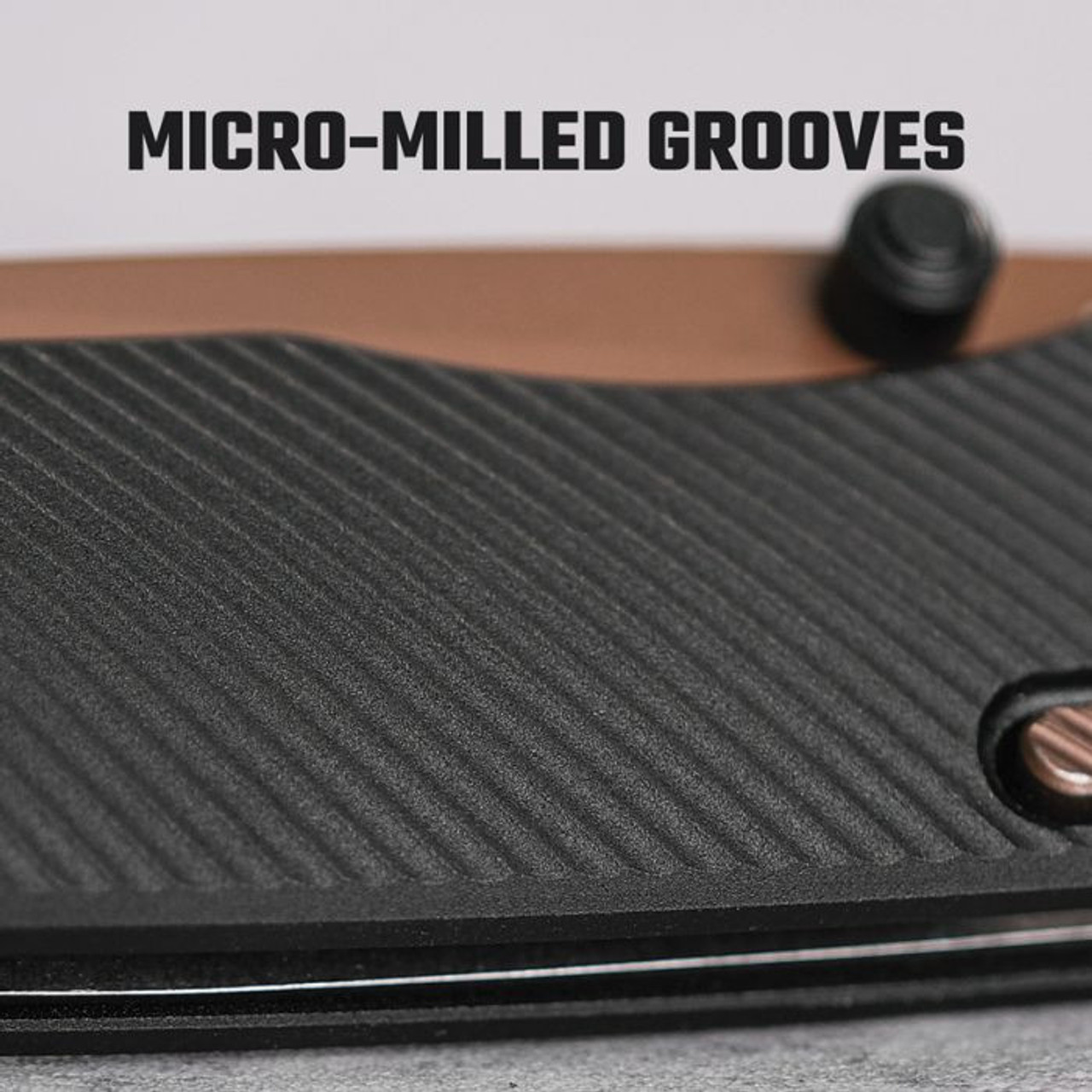 Vosteed Marten- Thumb Stud Knife 2.98" 154CM Copper Dune Drop Point Blade, Black Aluminum Handles, Button/Top Liner Lock, Reversible Copper Stainless Steel Pocket Clip - A1605