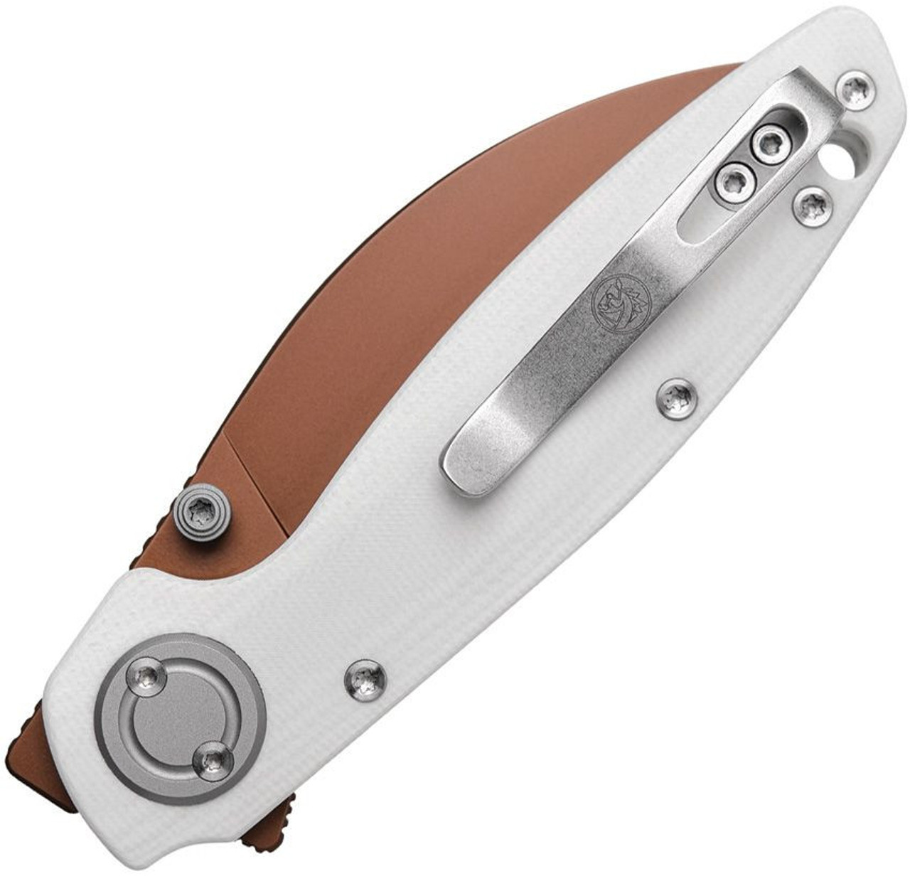 Vosteed Shilin Cutter® - Vanchor Lock® - 2.98" 154CM Copper Dune Drop Point Blade, White G10 Handles, Button/Top Liner Lock, Stainless Steel Pocket Clip - A2808