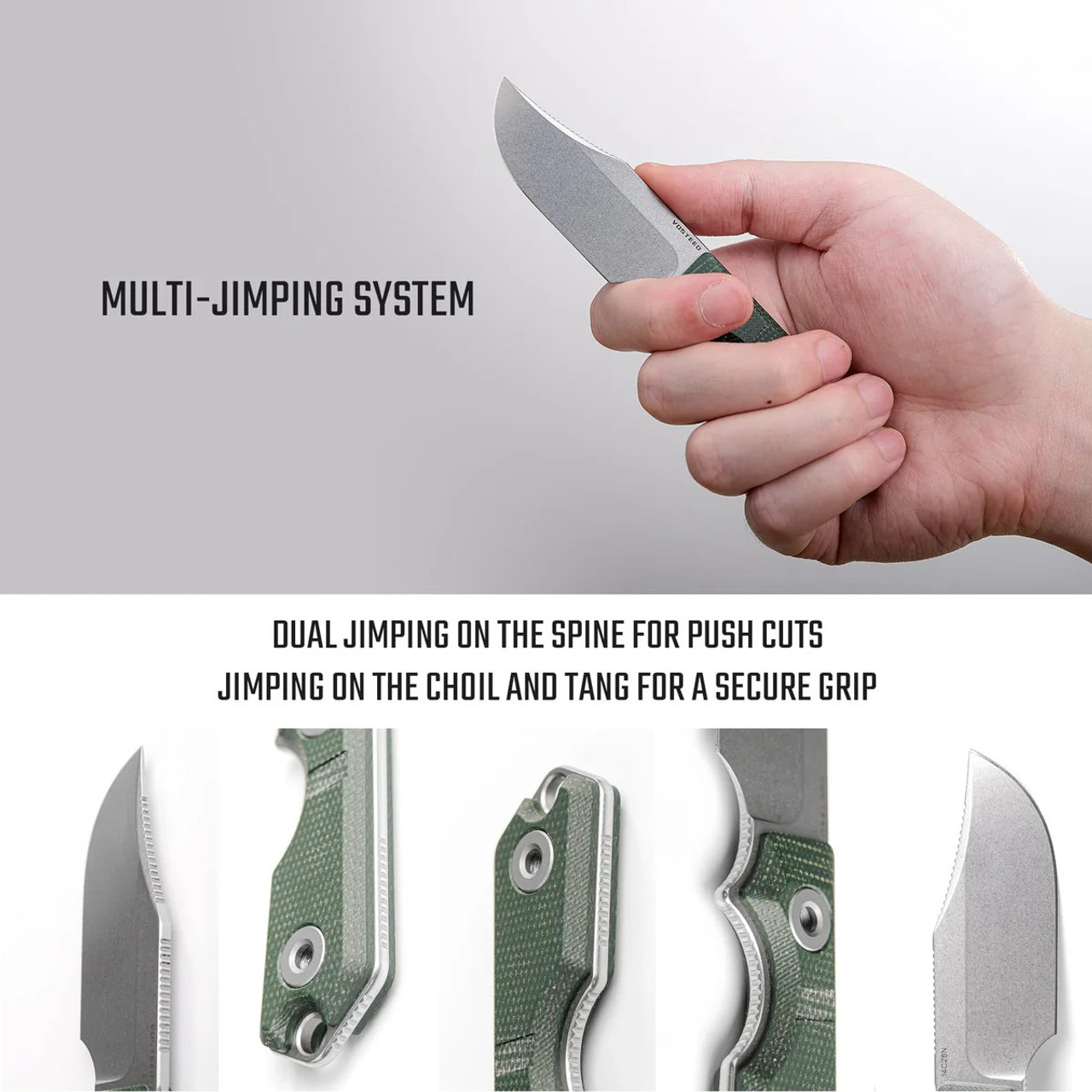 Vosteed Quokka- Full Tang Fixed Blade Knife 2.72" 14C28N Stonewash Bowie Multi-Jimping Blade, Green Micarta Handles, S.O.A.R Kydex Sheath -D0601