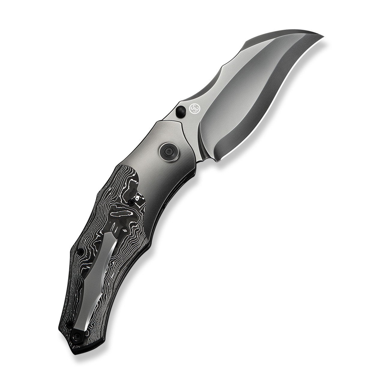 WEKNIFE Orc Boss Thumb Stud Knife, Polished Gray Titanium Handle with Aluminum Foil Carbon Fiber Inlay (3.82" Polished Gray CPM 20CV Hawkbill Blade) Liner Lock, WE24042-3