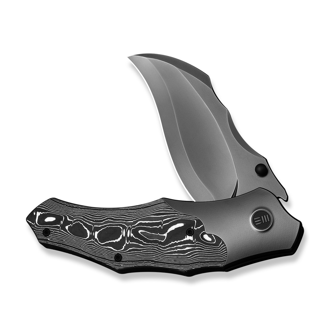 WEKNIFE Orc Boss Thumb Stud Knife, Polished Gray Titanium Handle with Aluminum Foil Carbon Fiber Inlay (3.82" Polished Gray CPM 20CV Hawkbill Blade) Liner Lock, WE24042-3