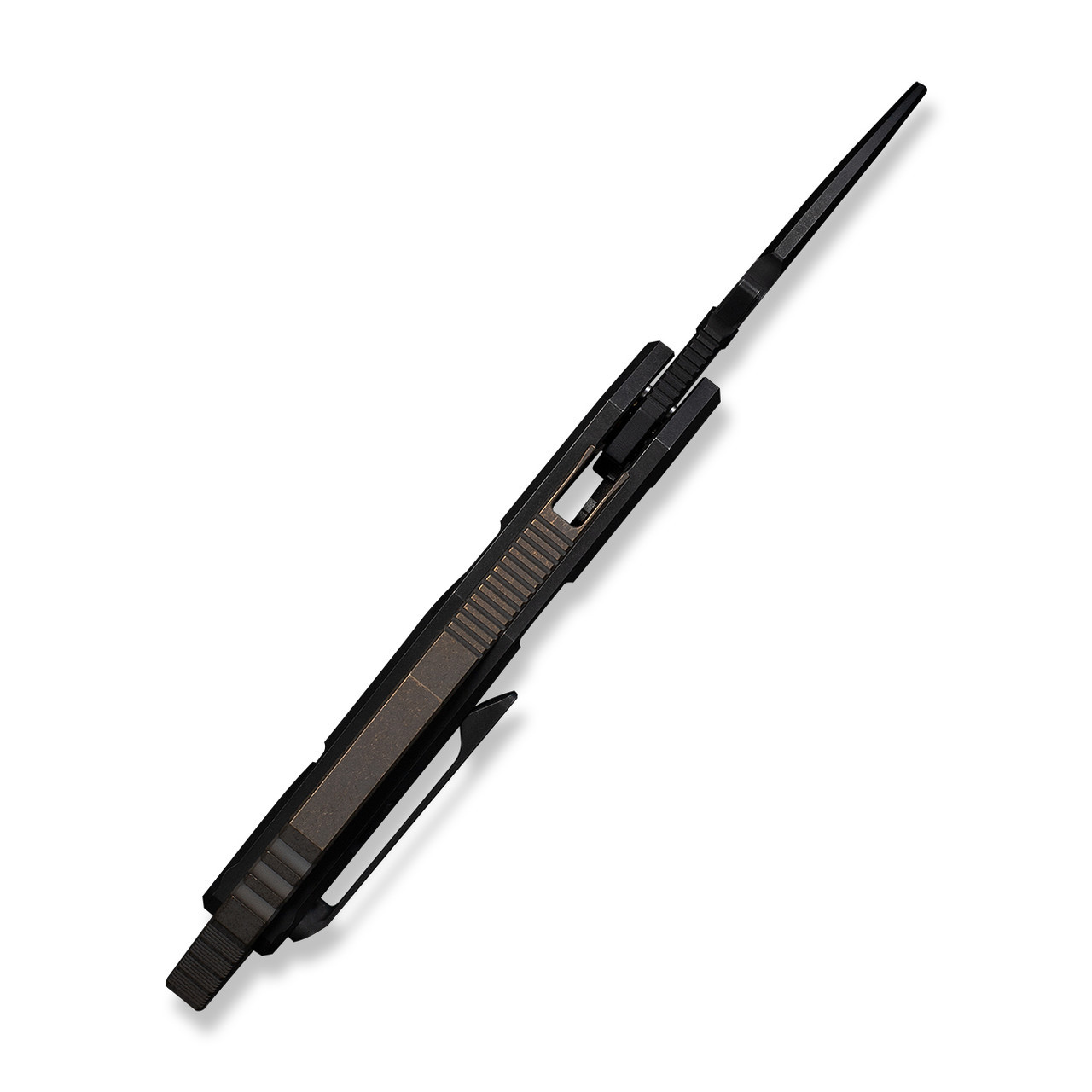 WEKNIFE Tayra Flipper- Black Titanium Handle Bronze Titanium Integral Backspacer & Finger Ring (2.19" Black Stonewashed Hawkbill Bohler M390 Blade) Black Stonewashed Bevels, Black Brushed Flats, Frame Lock, WE24069-1