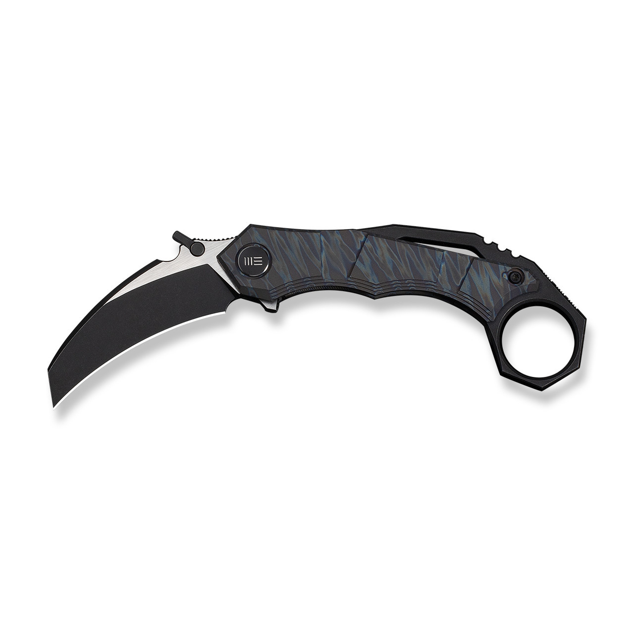 WEKNIFE Tayra Flipper- Tiger Stripe Pattern Flamed Titanium Handle, Black Titanium Integral Backspacer & Finger Ring (2.19" Black Stonewashed Hawkbill Bohler M390 Blade, Satin Flat) Frame Lock, WE24069-4
