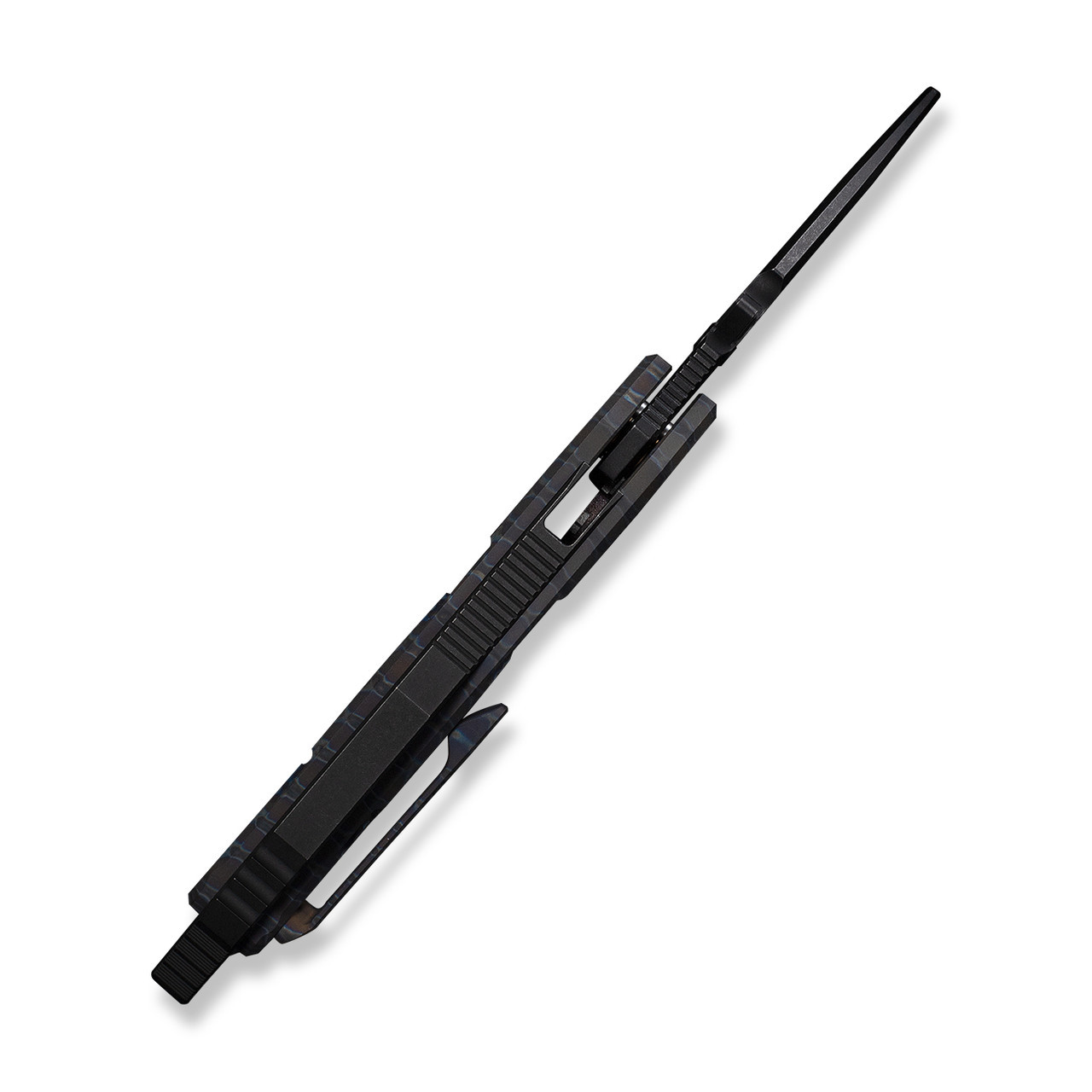 WEKNIFE Tayra Flipper- Tiger Stripe Pattern Flamed Titanium Handle, Black Titanium Integral Backspacer & Finger Ring (2.19" Black Stonewashed Hawkbill Bohler M390 Blade, Satin Flat) Frame Lock, WE24069-4