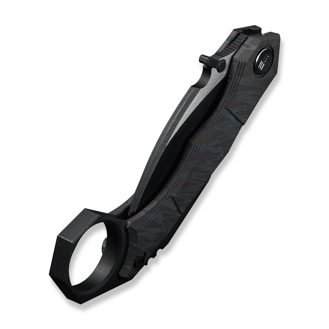 WEKNIFE Tayra Flipper- Tiger Stripe Pattern Flamed Titanium Handle, Black Titanium Integral Backspacer & Finger Ring (2.19" Black Stonewashed Hawkbill Bohler M390 Blade, Satin Flat) Frame Lock, WE24069-4