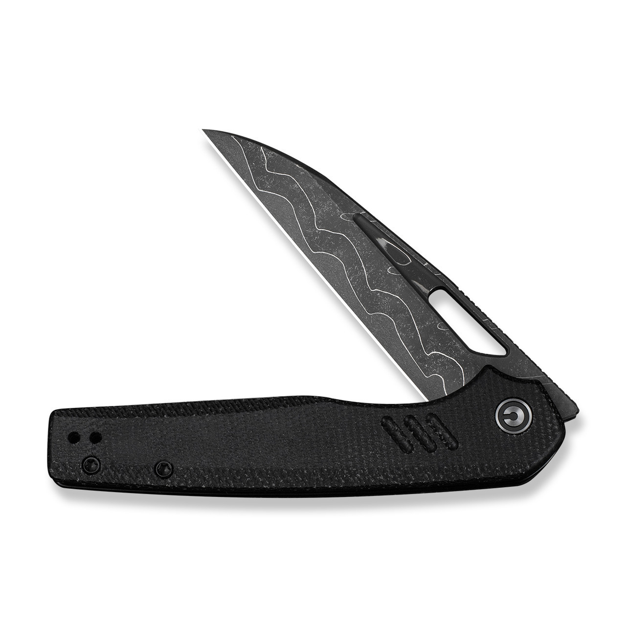 CIVIVI Guile Front Flipper & Thumb Hole Knife, Black Canvas Micarta Handles (3.25" Damascus Wharncliffe 14C28N Blade) Reversible Clip, C24062B-DS1