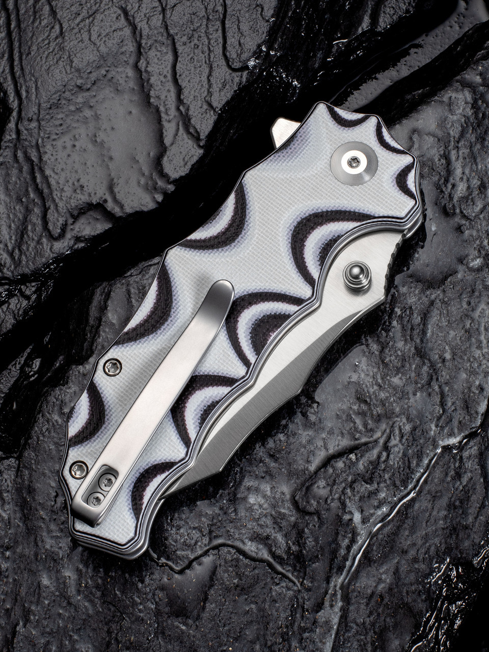 CIVIVI Natterjack Front Flipper & Thumb Stud/Button Lock Knife, Milled White/Black Layered G10 Handles (3.19" Satin Finished Clip Point 14C28N Blade) Reversible Clip, C24028-3