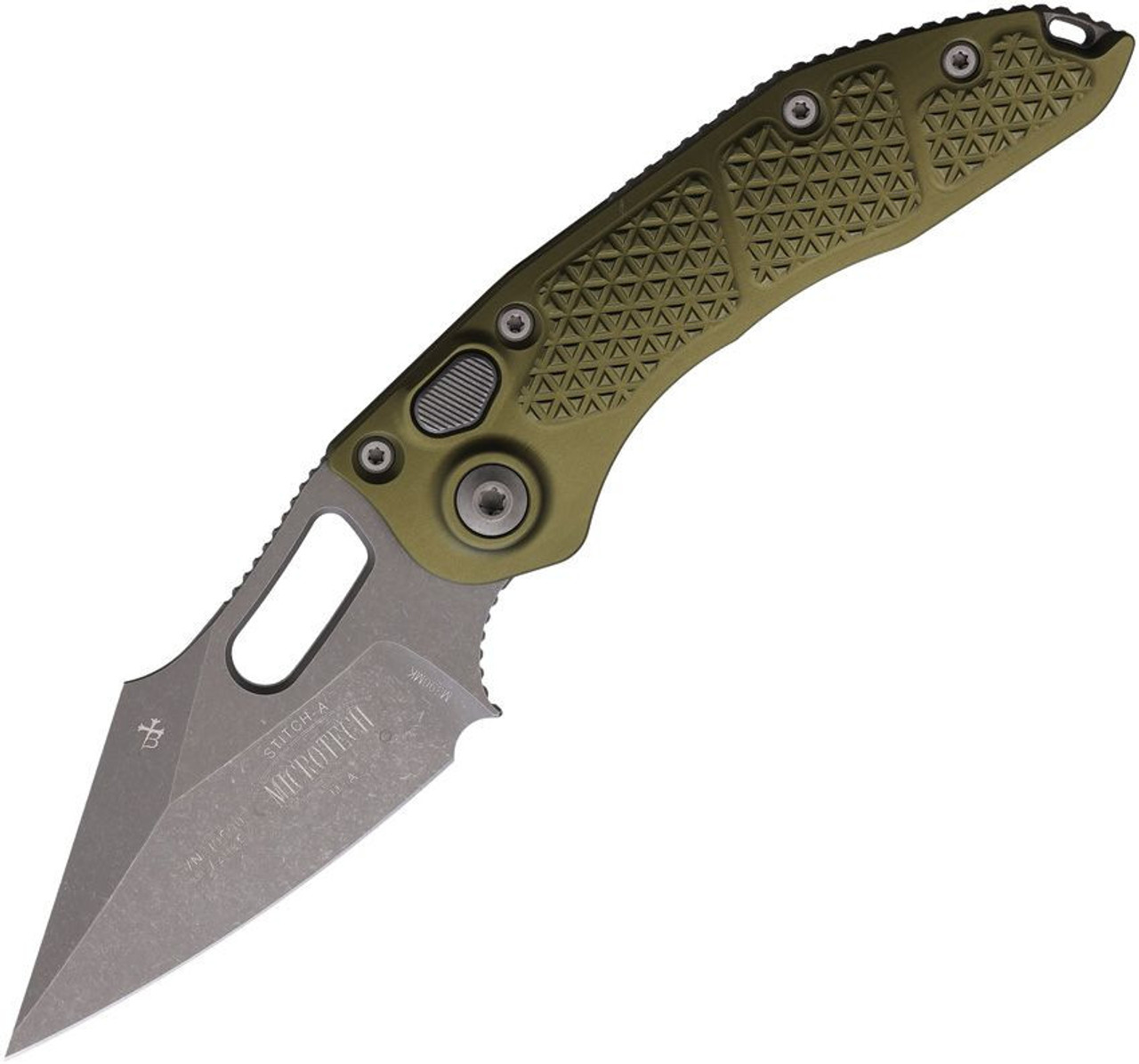 Microtech Auto Stitch (MCT16910APOD) 3.75" M390MK Stonewash Wharncliffe Plain Blade,  OD Green Aluminum Handle