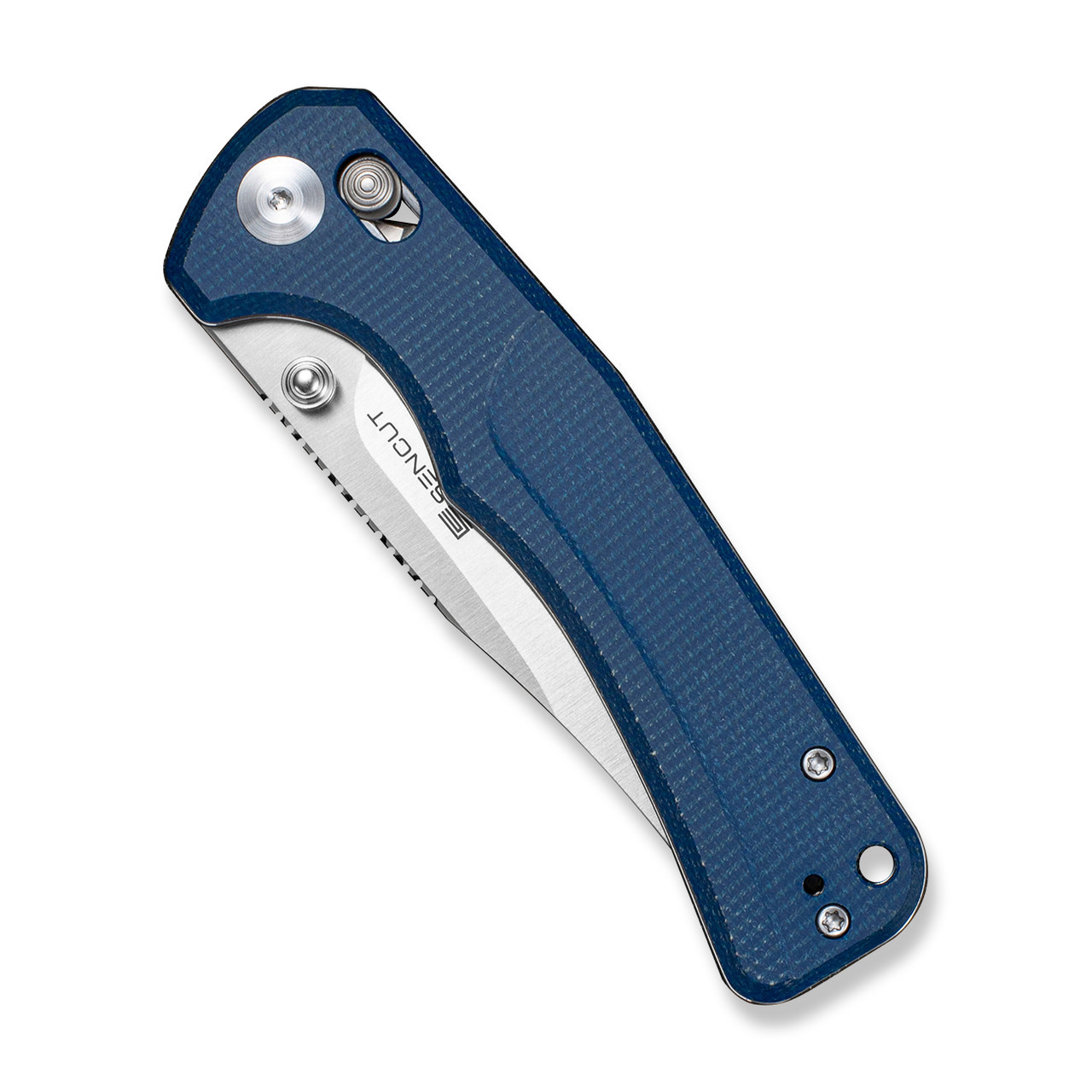SENCUT Slybolt Thumb Stud & Crossbar Knife, Blue Canvas Micarta Handles (3.59" 9Cr18MoV Clip Point Satin Finished Blade) Reversible Clip, S25001A-2