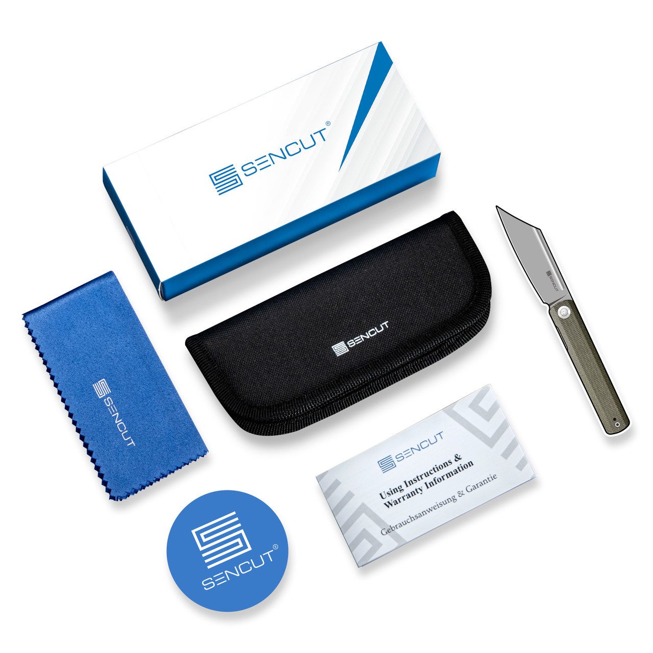 SENCUT Slybolt Thumb Stud & Crossbar Knife, Blue Canvas Micarta Handles (3.59" 9Cr18MoV Clip Point Satin Finished Blade) Reversible Clip, S25001A-2