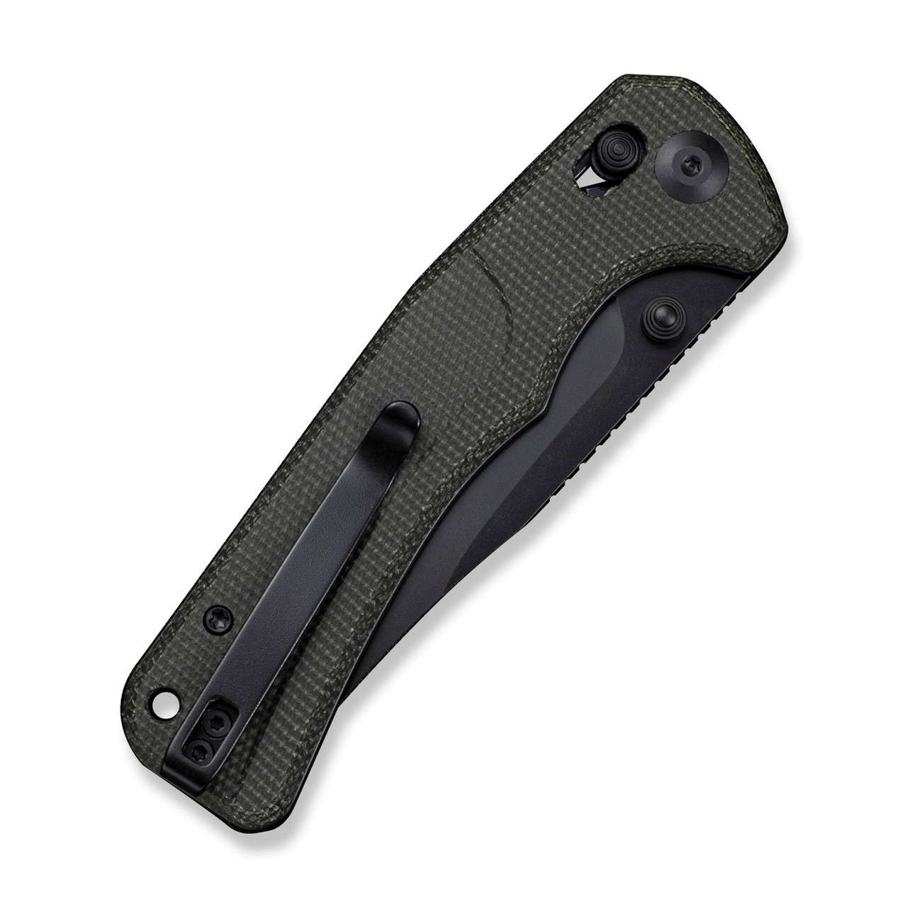 SENCUT Slybolt Thumb Stud & Crossbar Knife, Dark Green Canvas Micarta Handles (3.59" 9Cr18MoV Clip Point Satin Finished Blade) Reversible Clip, S25001A-1