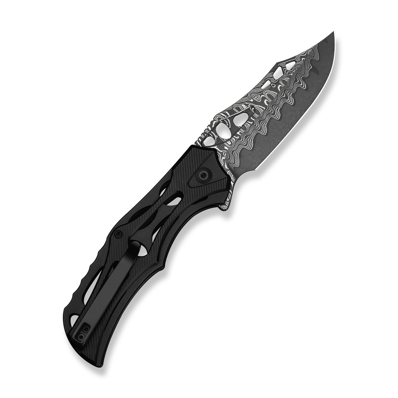 CIVIVI Biophase Flipper & Button Lock Knife, Black Aluminum Handles (3.48" Damascus, Clip Point Blade) Reversible Clip, C23083-DS1