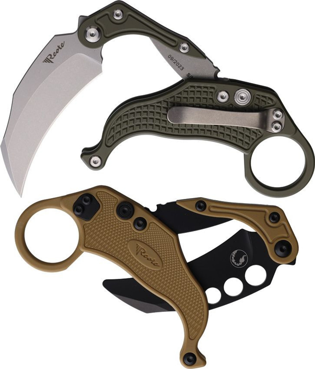 Reate EXO-K Gravity (REA118) 3.13" Stone wash Bohler N690 Hawkbill Plain Blade, Green Aluminum Handle, Button Lock
