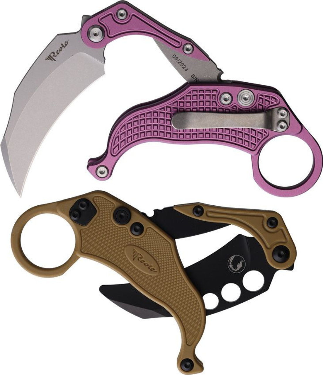 Reate EXO-K Gravity (REA123) 3.13" Stone wash Bohler N690 Hawkbill Plain Blade, Purple Aluminum Handle, Button Lock