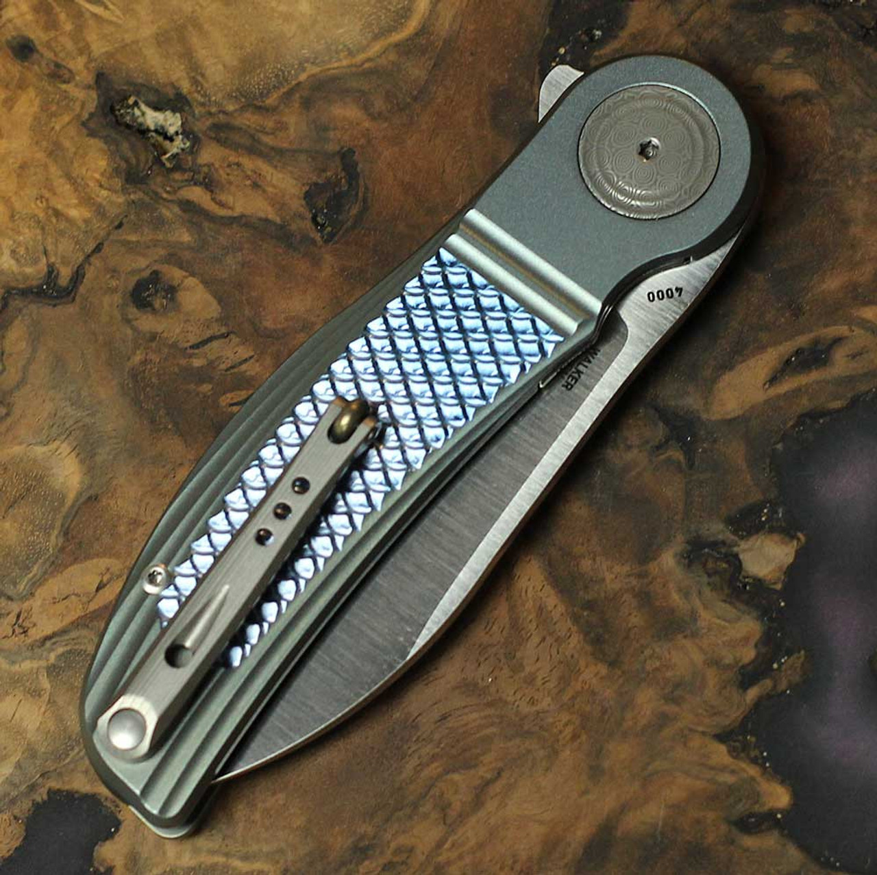 Columbia River CRKT Monument™ Flipper Knife, Green Titanium with Blue Scale Texture Handles, 3.07" Böhler M390 Satin Drop Point (4000) , Liner Lock