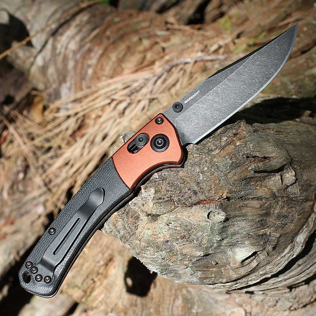 Benchmade Mini Crooked River Folding Knife (15085BK-04) - 3.4" Black Stonewash CPM-MagnaCut  Clip Point Plain Blade, Black Canvas Micarta Handles with Burnt Copper Aluminum Bolsters