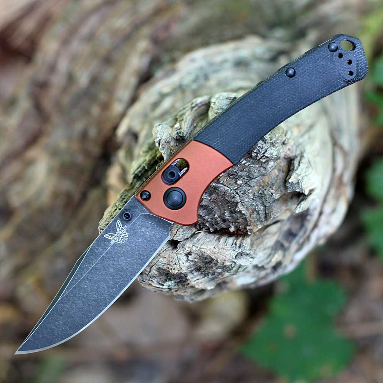 Benchmade Mini Crooked River Folding Knife (15085BK-04) - 3.4" Black Stonewash CPM-MagnaCut  Clip Point Plain Blade, Black Canvas Micarta Handles with Burnt Copper Aluminum Bolsters