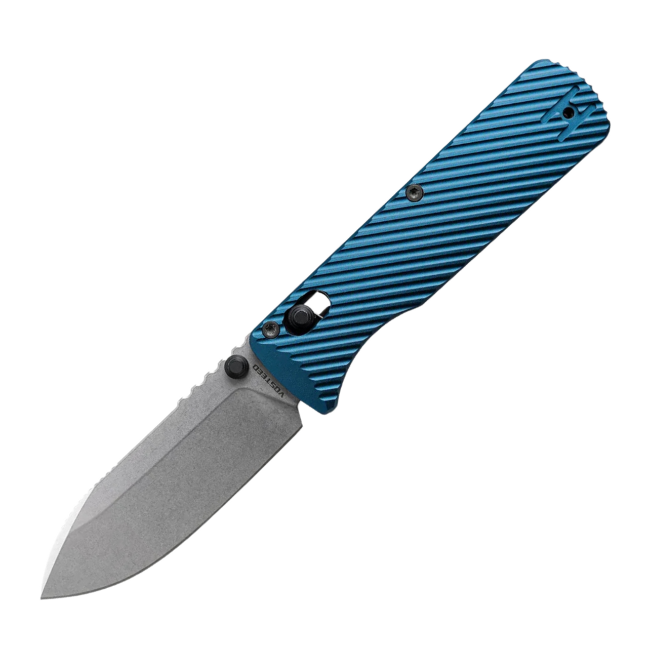 Vosteed Vombat (VOSA4103) 2.92" M390 Stonewash Drop Point Plain Blade, Blue Aluminum Handle, Crossbar Lock