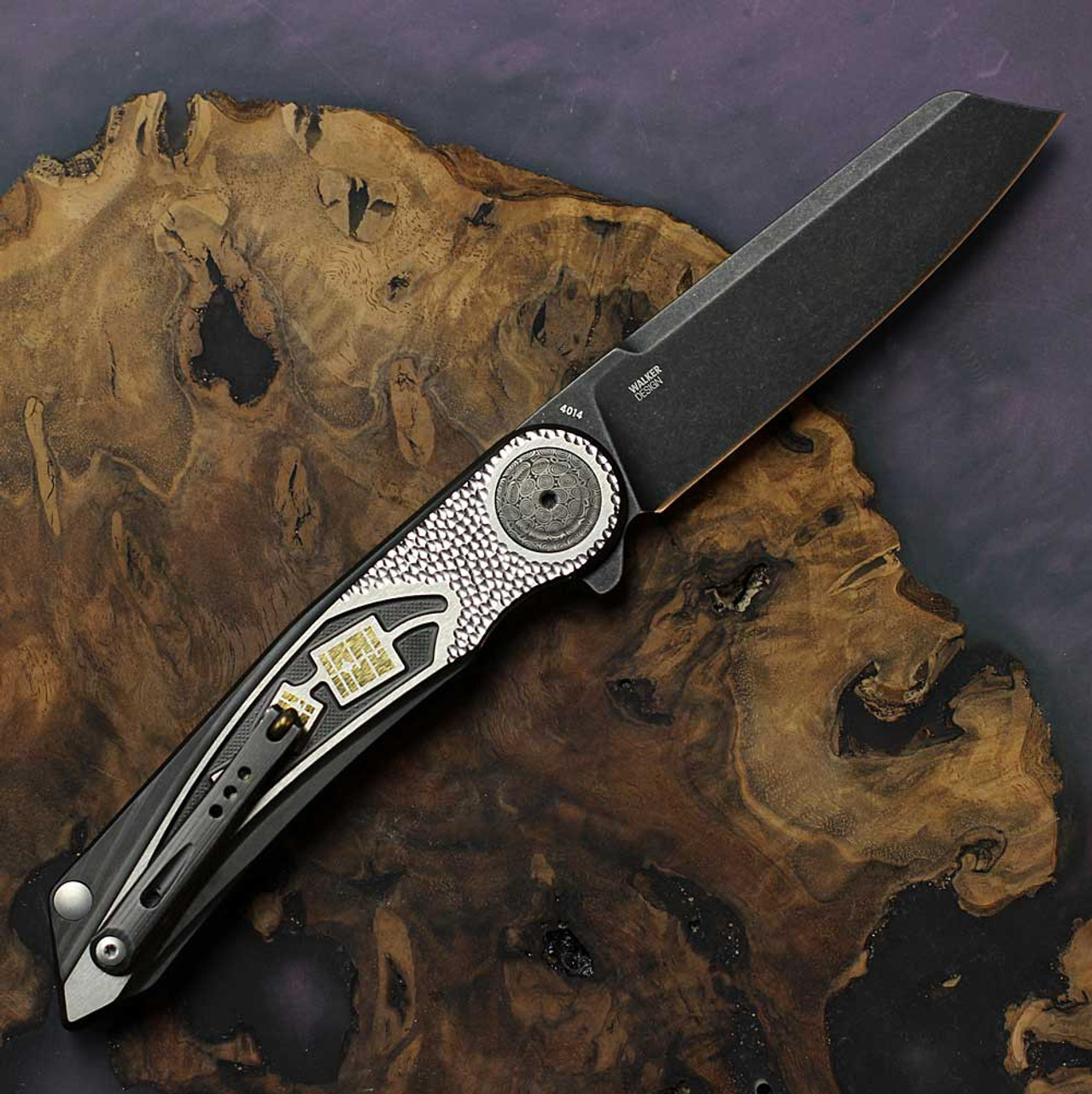 **Limited- Run** Columbia River CRKT Walker Fortuitous™ Flipper Knife, Milled Black Flourish Silver/ Gold Titanium Handles, 3.15" Black MagnaCut Reverse Tanto (4014) , Liner Lock