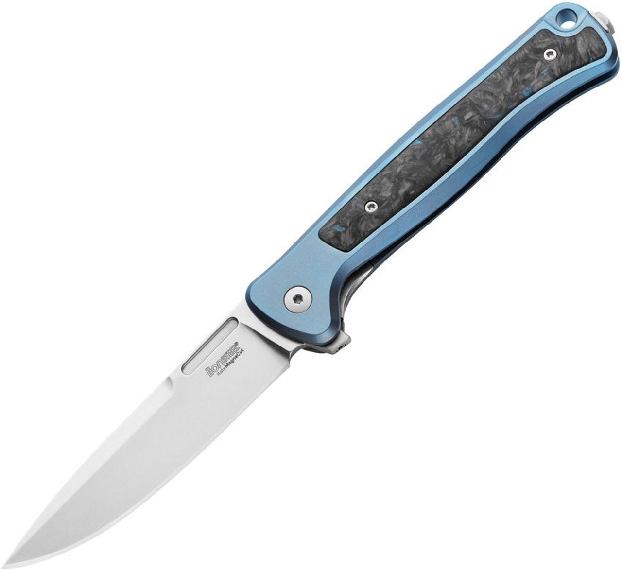 LionSteel Skinny (LSTSK01BL) 3.31" CPM-MagnaCut Stonewashed Drop Point Plain Blade, Blue Titanium Handle with a Marble Carbon Fiber Inlay