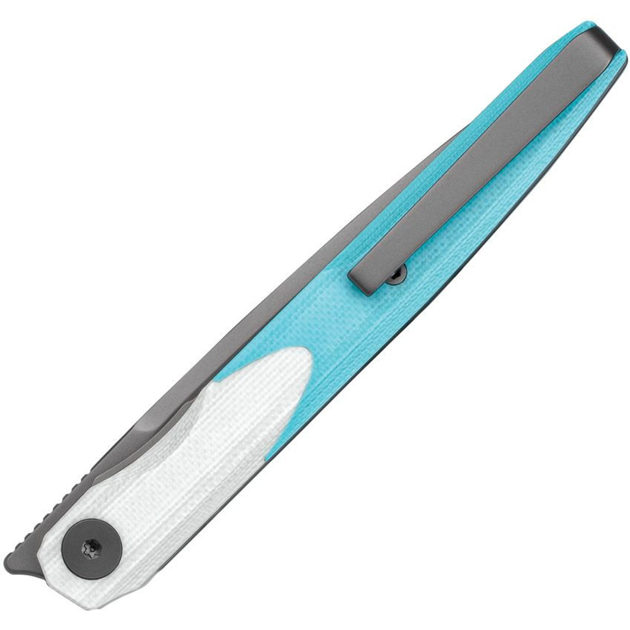 Bestechman Lanza (BTKMK14D) 3.5" 14C28N Grey Drop Point Plain Blade, White and Teal G-10 Handle