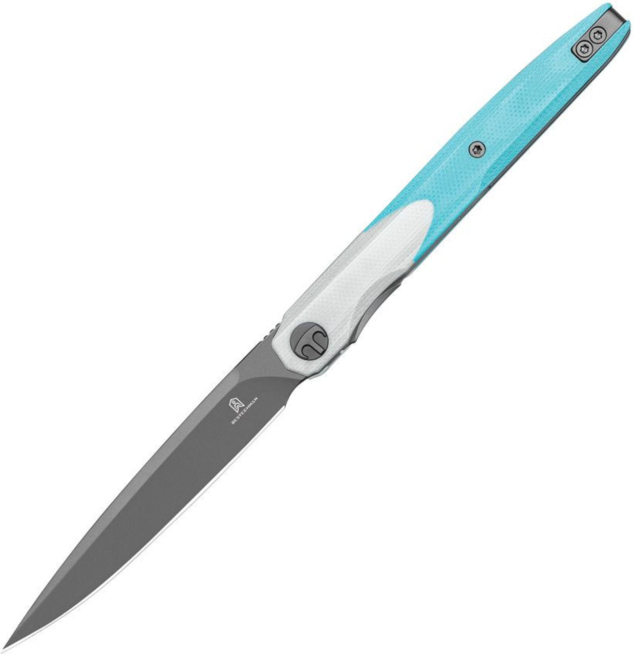 Bestechman Lanza (BTKMK14D) 3.5" 14C28N Grey Drop Point Plain Blade, White and Teal G-10 Handle