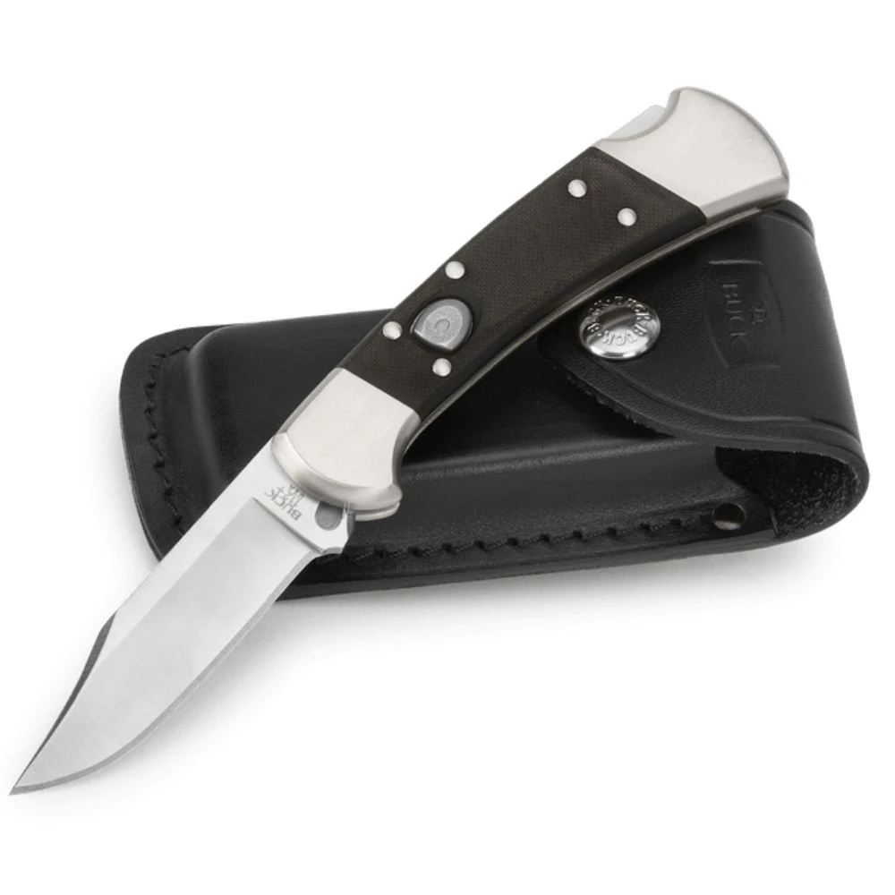 Buck 112 Auto Elite CPM-MagnaCut Clip Point Blade Open Detail View with leather sheath