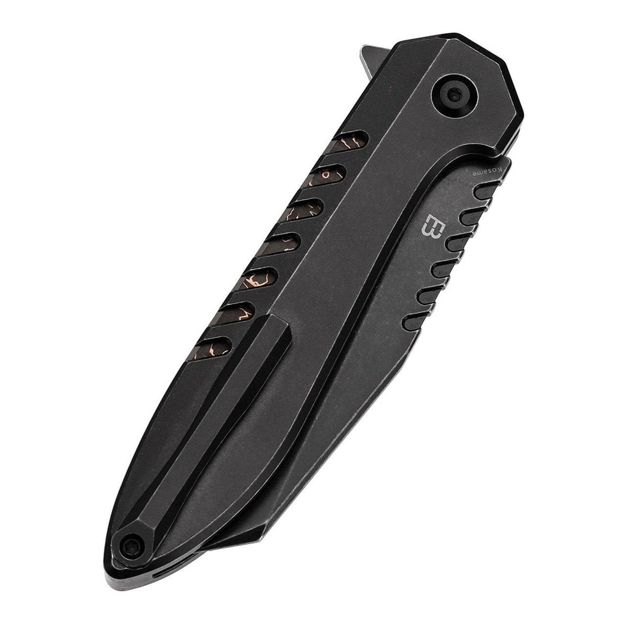 KANSEPT Kosame- Flipper/Button Lock, Black Titanium with Copper Carbon Fiber Inlay (3.37" 154CM Blackwashed Wharncliffe Blade) with EI Spade Design-T1093F3