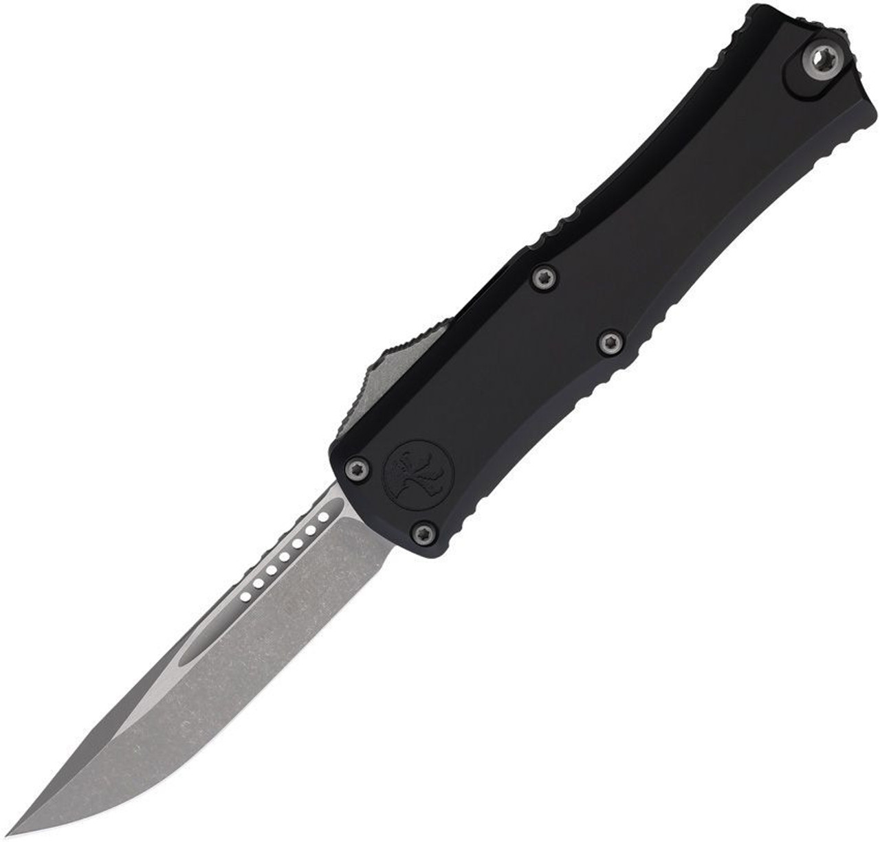 Microtech Hera II Mini OTF (MCT1703M10AP) 3" Bohler M390MK Apocalyptic Finish Drop Point Plain Blade, Black Aluminum Handle with Double Action Thumb Slide