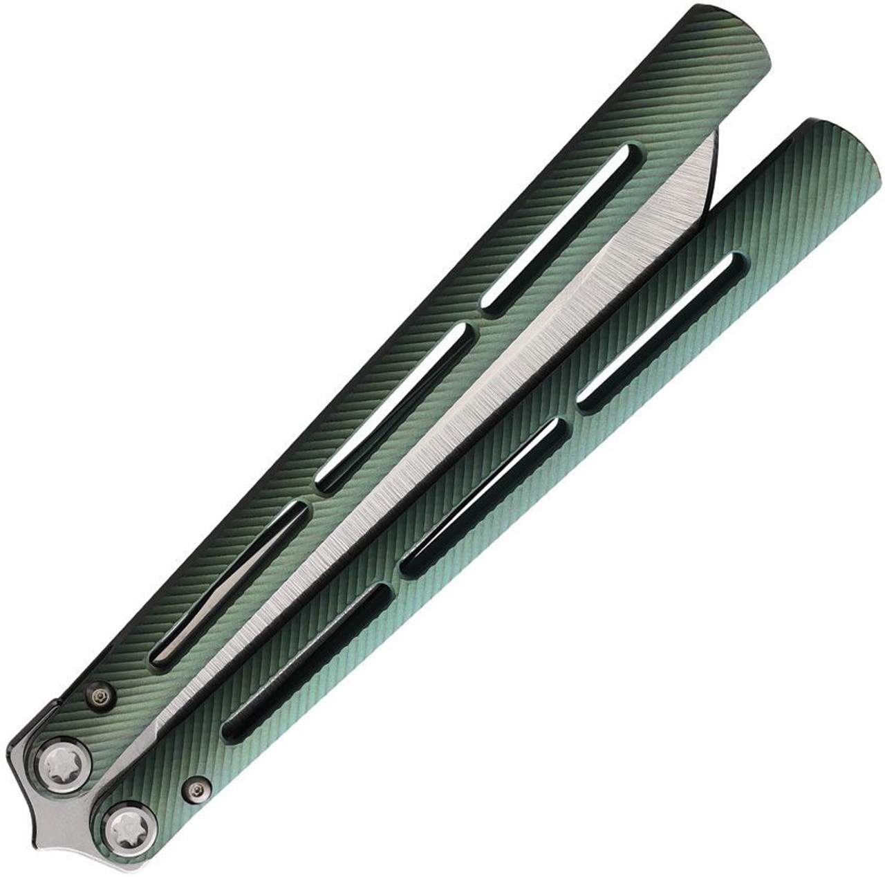 Medford Knife & Tool Viceroy Balisong Butterfly Knife - 4.85" Tumbled CPM-S45VN Drop Point Plain Blade, Green Anodized Titanium Handle