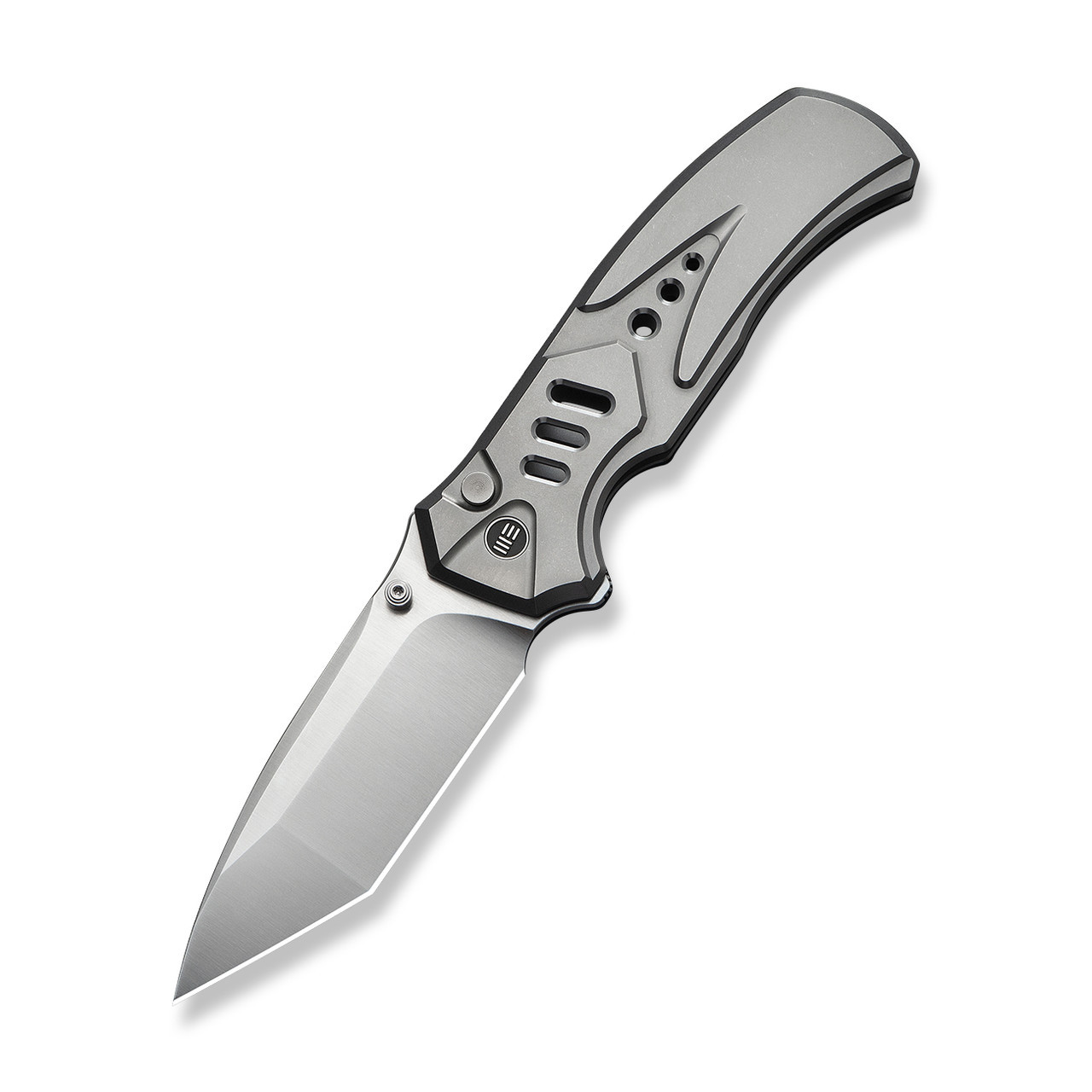 WE Knives Zentron Flipper Knife (WE24094-2) 3.48" Satin Bohler M390 Blade, Gray/Satin 6AL4V Titanium Handle, Button Lock