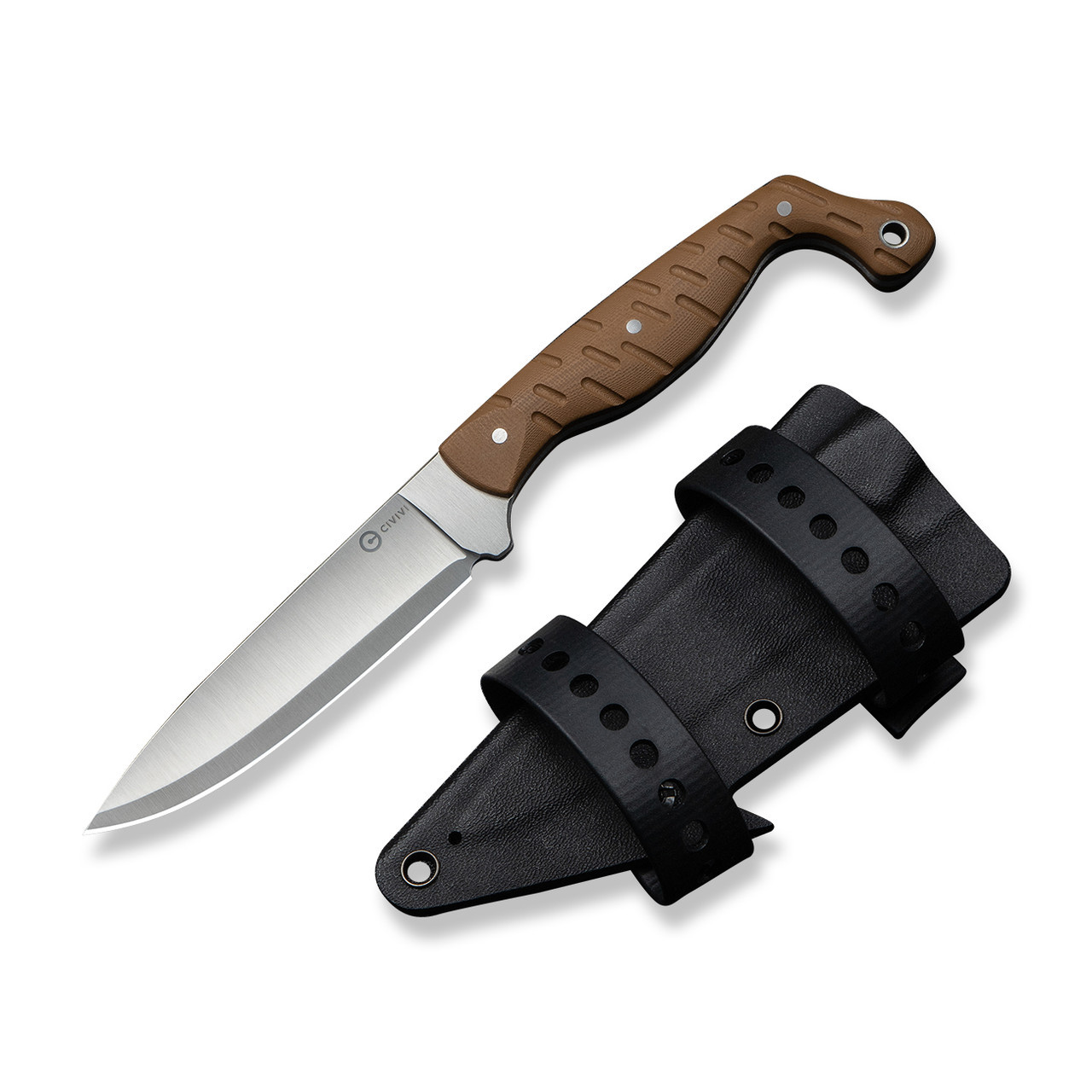 CIVIVI MDRN Hunter Fixed Blade (C23078-2) 4.12" Nitro-V Stonewashed Plain Blade, Brown G-10 Handle, Black Kydex Sheath and 2 straps