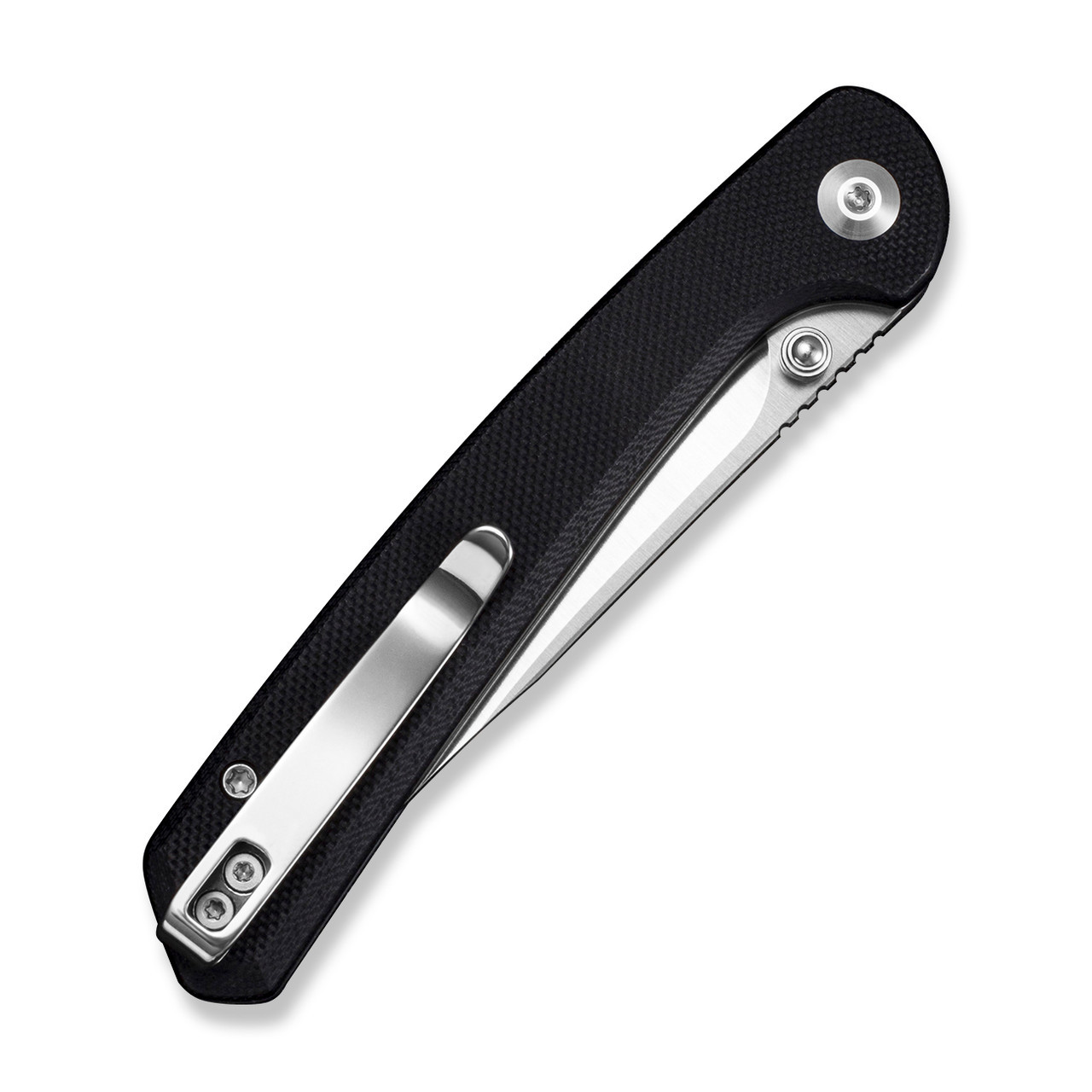 SENCUT Skelfin Thumb Stud & Button Lock Knife, Black G-10 Handles (3.3" Satin 9Cr18MoV Clip Point Blade) Reversible Clip, S25007-2