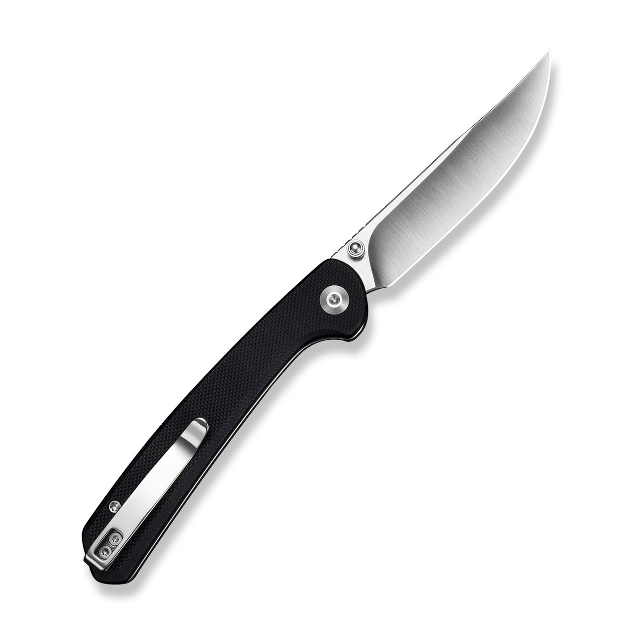 SENCUT Skelfin Thumb Stud & Button Lock Knife, Black G-10 Handles (3.3" Satin 9Cr18MoV Clip Point Blade) Reversible Clip, S25007-2