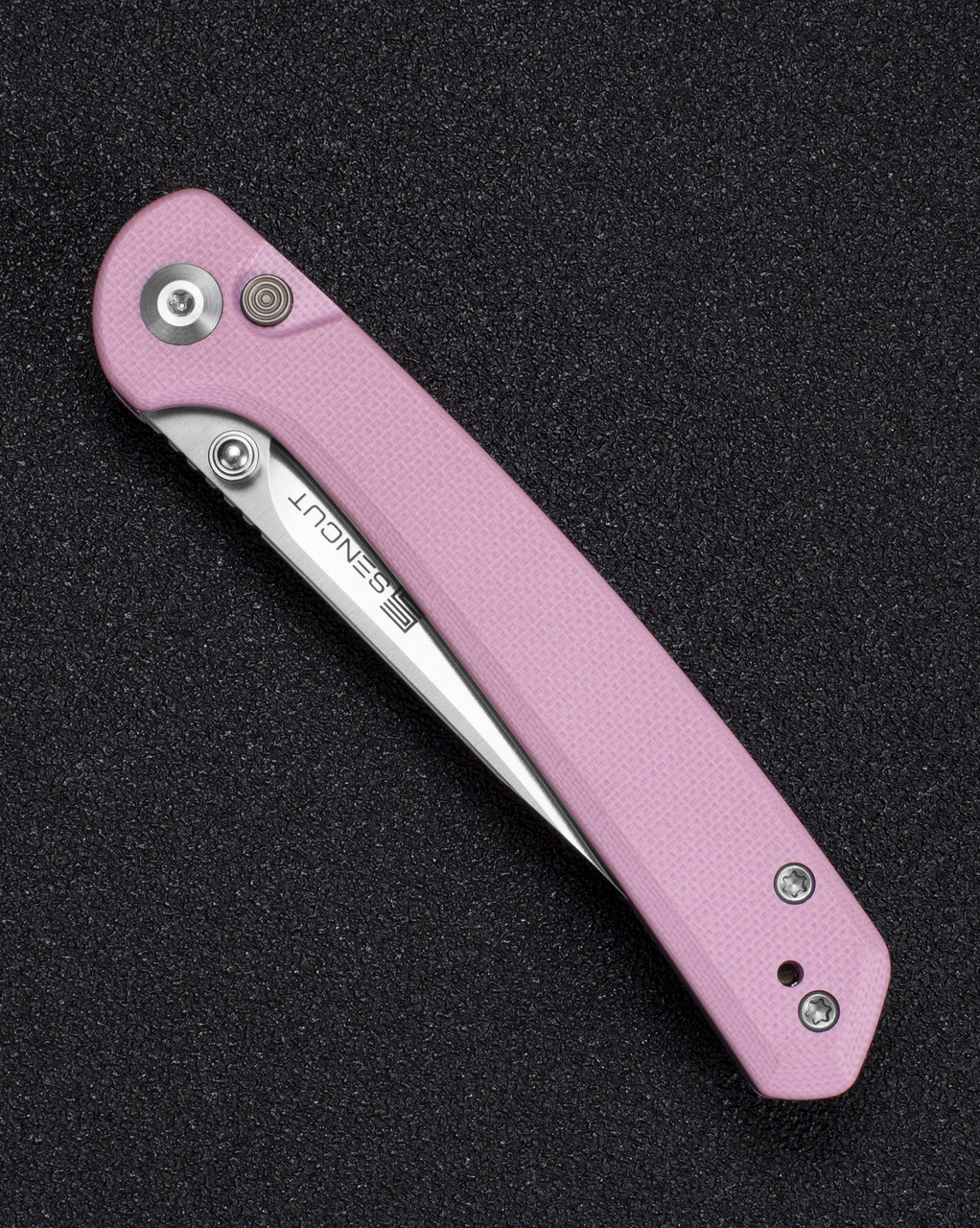 SENCUT Skelfin Thumb Stud & Button Lock Knife, Powder Pink G-10 Handles (3.3" Satin 9Cr18MoV Clip Point Blade) Reversible Clip, S25007-3