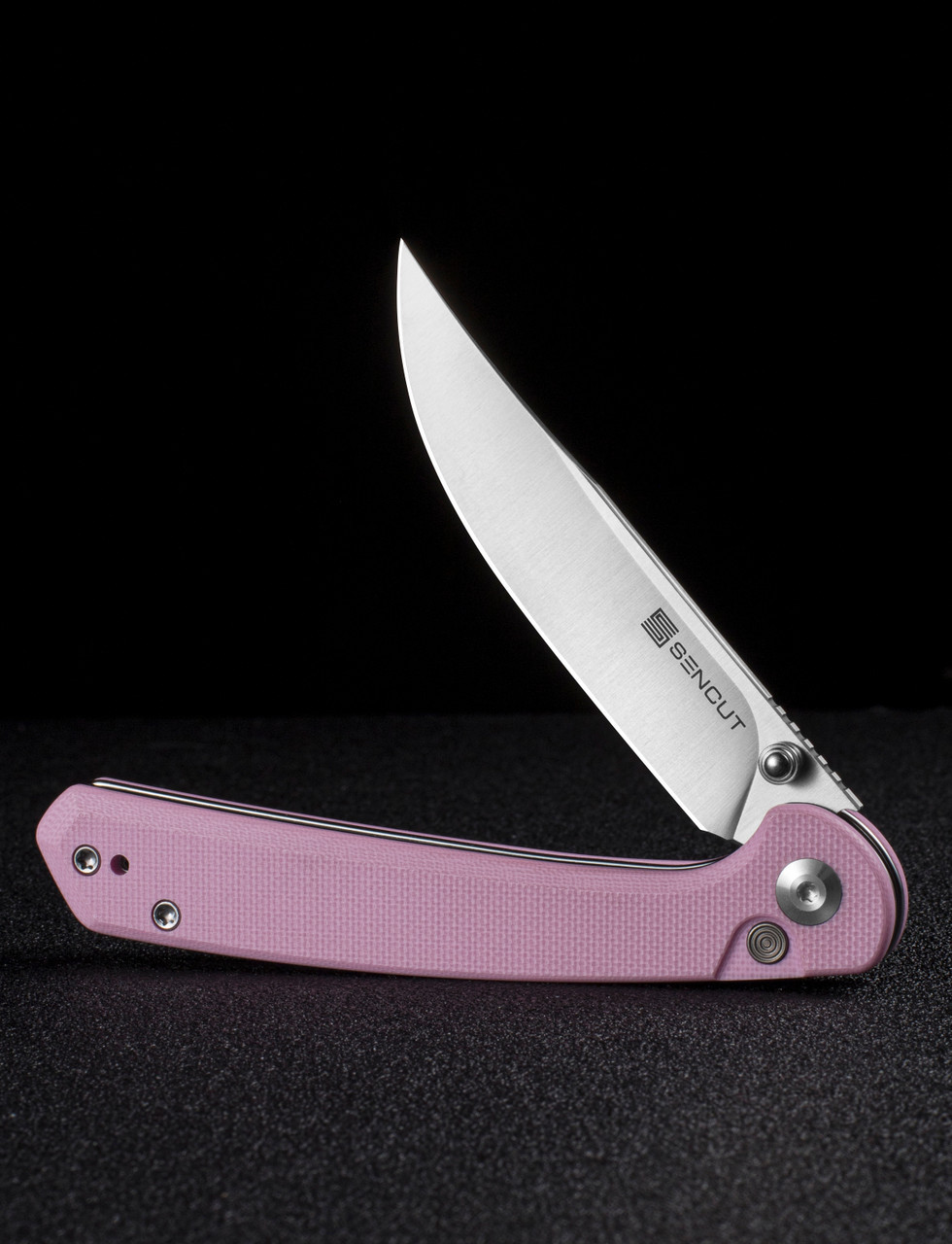 SENCUT Skelfin Thumb Stud & Button Lock Knife, Powder Pink G-10 Handles (3.3" Satin 9Cr18MoV Clip Point Blade) Reversible Clip, S25007-3