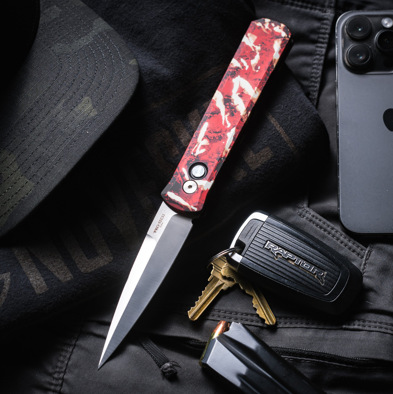 Pro-Tech Godfather, Italian Inspiration Automatic Knife - 4" Satin 154CM Stiletto Blade, Crimson Tiger Camo Aluminum Handle with Abalone Inlay Button