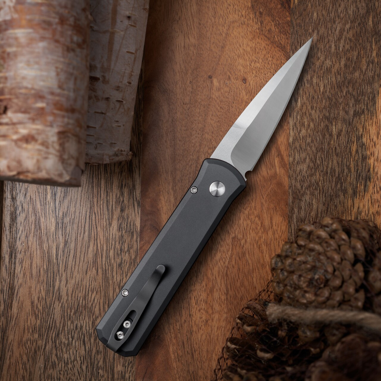 Pro-Tech Knives Godson Livewire (7210-Livewire-20CV) 3.15" Satin CPM-20CV Spear Point Plain Blade, Black Aluminum Handle with Livewire Copper Carbon Fiber Inlays, Polished Deep Carry Clip